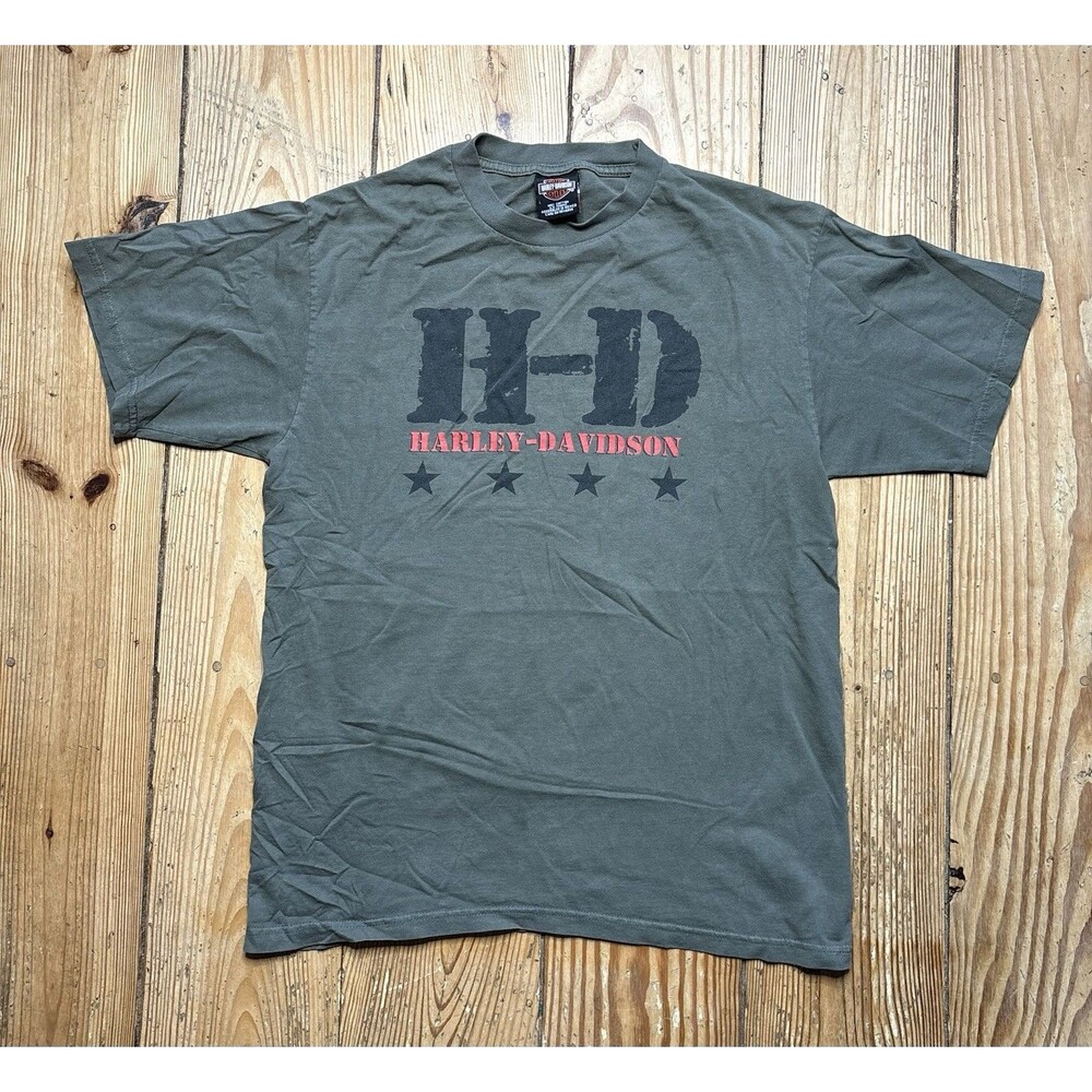 Vintage 2002 Harley Davidson Army Green T Shirt Size Large Star New Hampshire